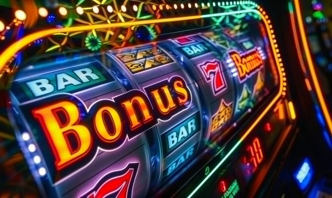 Illustrated slot reels with a bonus symbol.