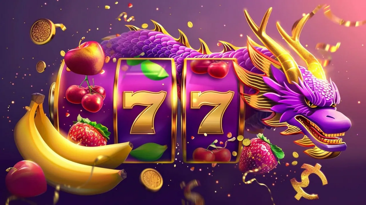Illustrated slot reels surrounded by fruit symbols and a dragon.