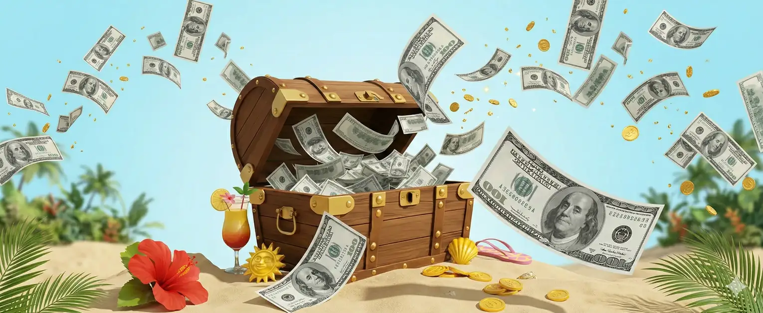Illustrated treasure chest with coins and banknotes on a beach.